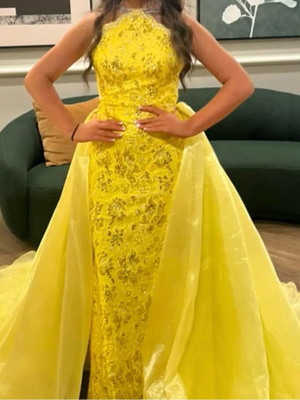 Yellow Beaded Prom Gown with Draped Overskirt